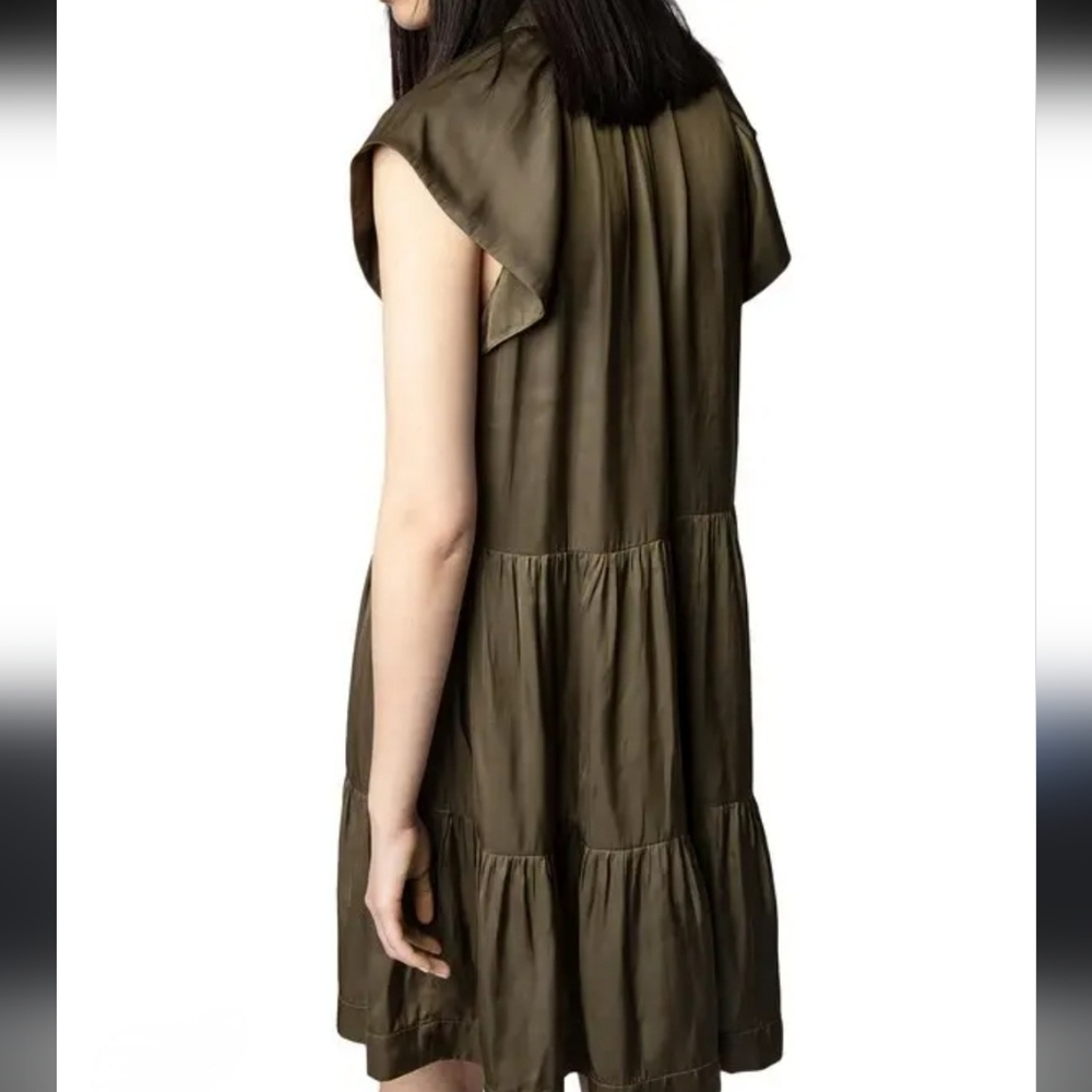 Zadug & Voltaire Rito Tiered Satin Olive Green Flutter Sleeve Dress - Picture 4 of 15